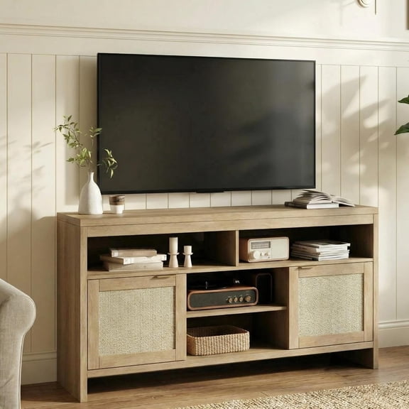 30" Tall Rattan TV Console Cabinet with Storage,Entertainment Center Media Console for 45-65" TV Living Room ,30 in Tall Oak Wood Television Stands
