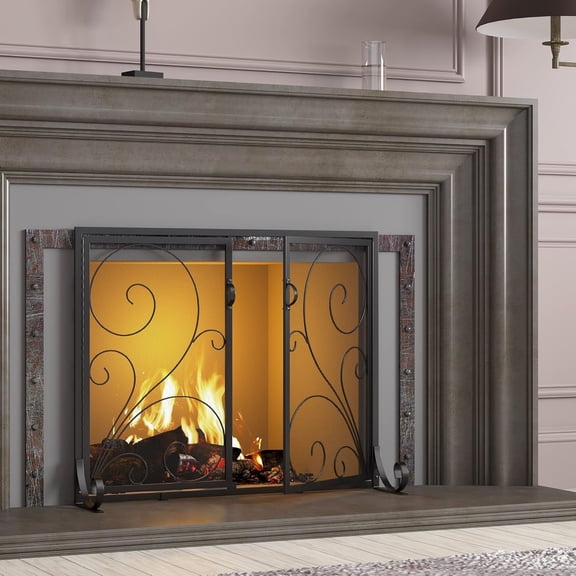 Fireplace Screen with Doors, Handcrafted Solid Steel, Heavy Duty Metal Mesh, Powder Coat Finish, Spark Guard