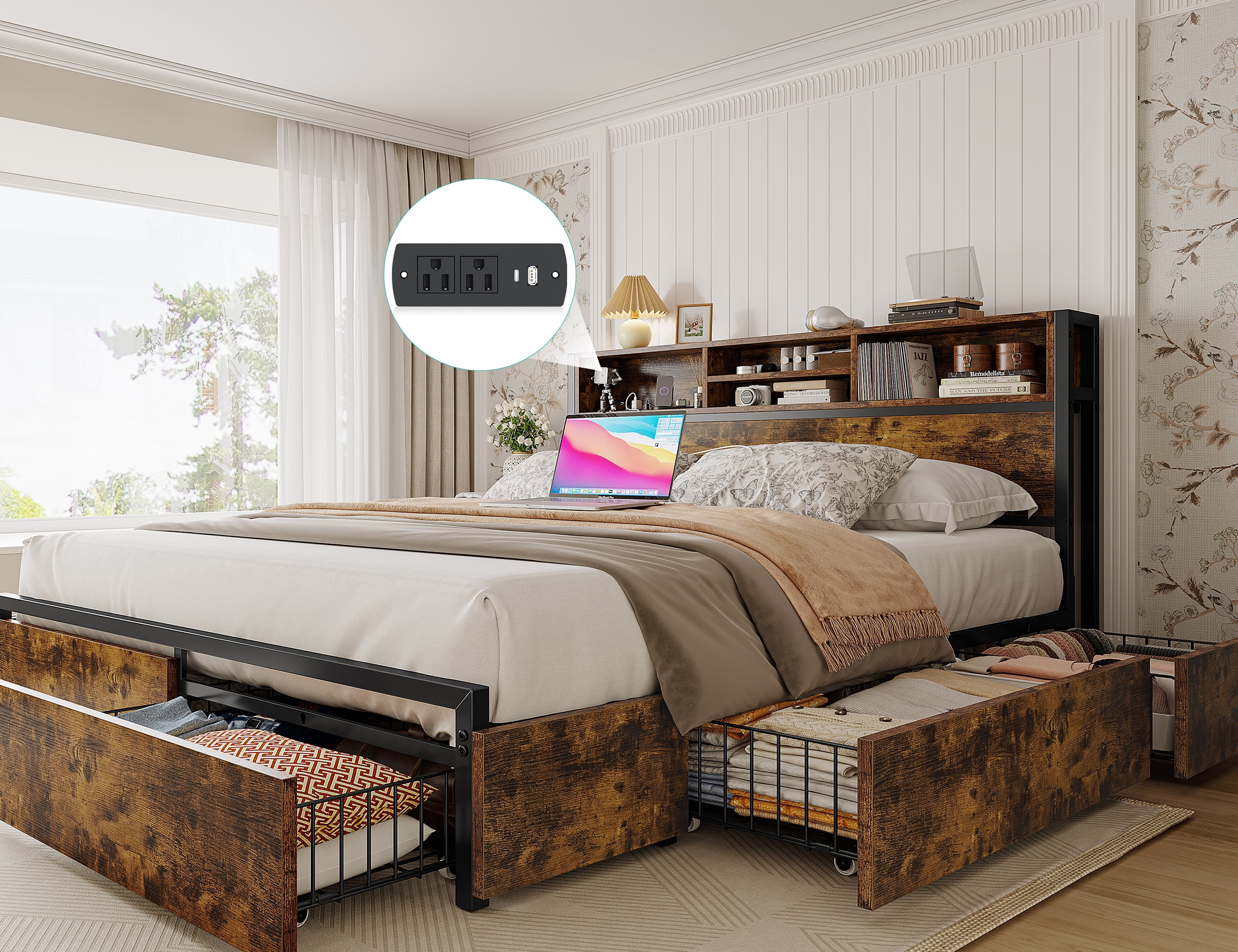 EnHomee Queen Bed Frame with 6 Storage Drawers Headboard Charging Station USB Port Vintage Brown Walmart