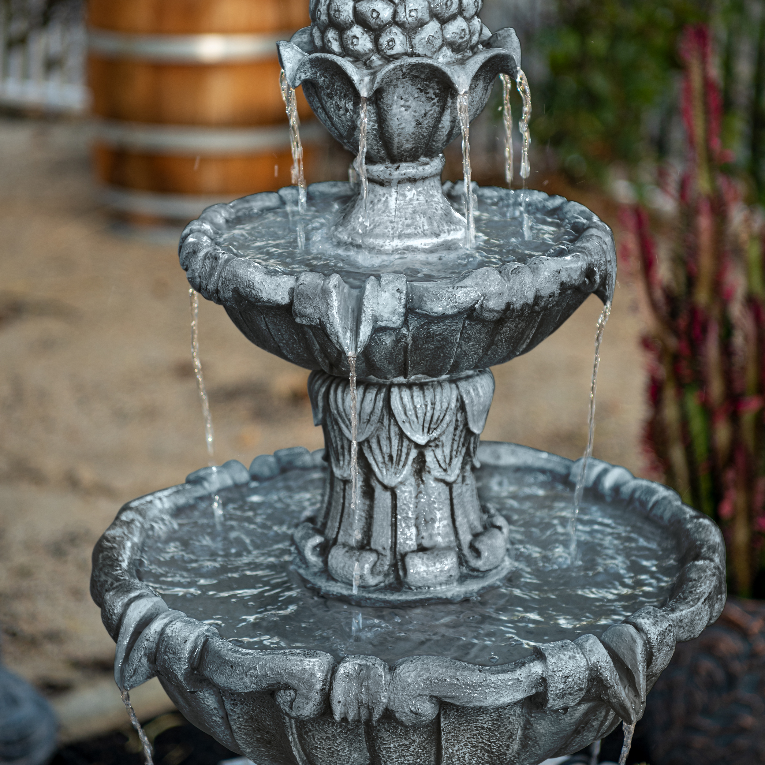 58.3" 3-Tier Electric Outdoor Freestanding Water Fountain - Classic Leaf Design, Gray Resin with Pump