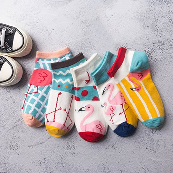Biplut Fashion Women Flamingo Print Low Cut Breathable Cotton Short Ankle Boat Socks