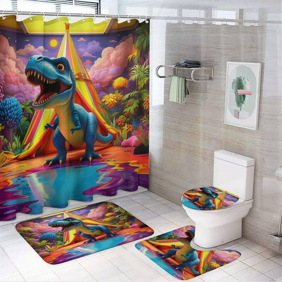 Dinosaur 3D Pattern Shower Curtain Bathroom Sets Toilet Lid Rug, Rugs Mat Bath Mat And Contour Mat, Shower Curtain 4Pcs