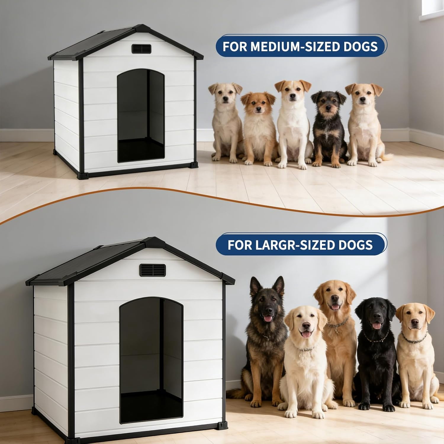 QinaQin Large Dog House,Waterproof Resin Plastic Doghouse with Elevated Floor & Air Vents for for Outdoor & Indoor Use,Durable & Easy Assembly,Black