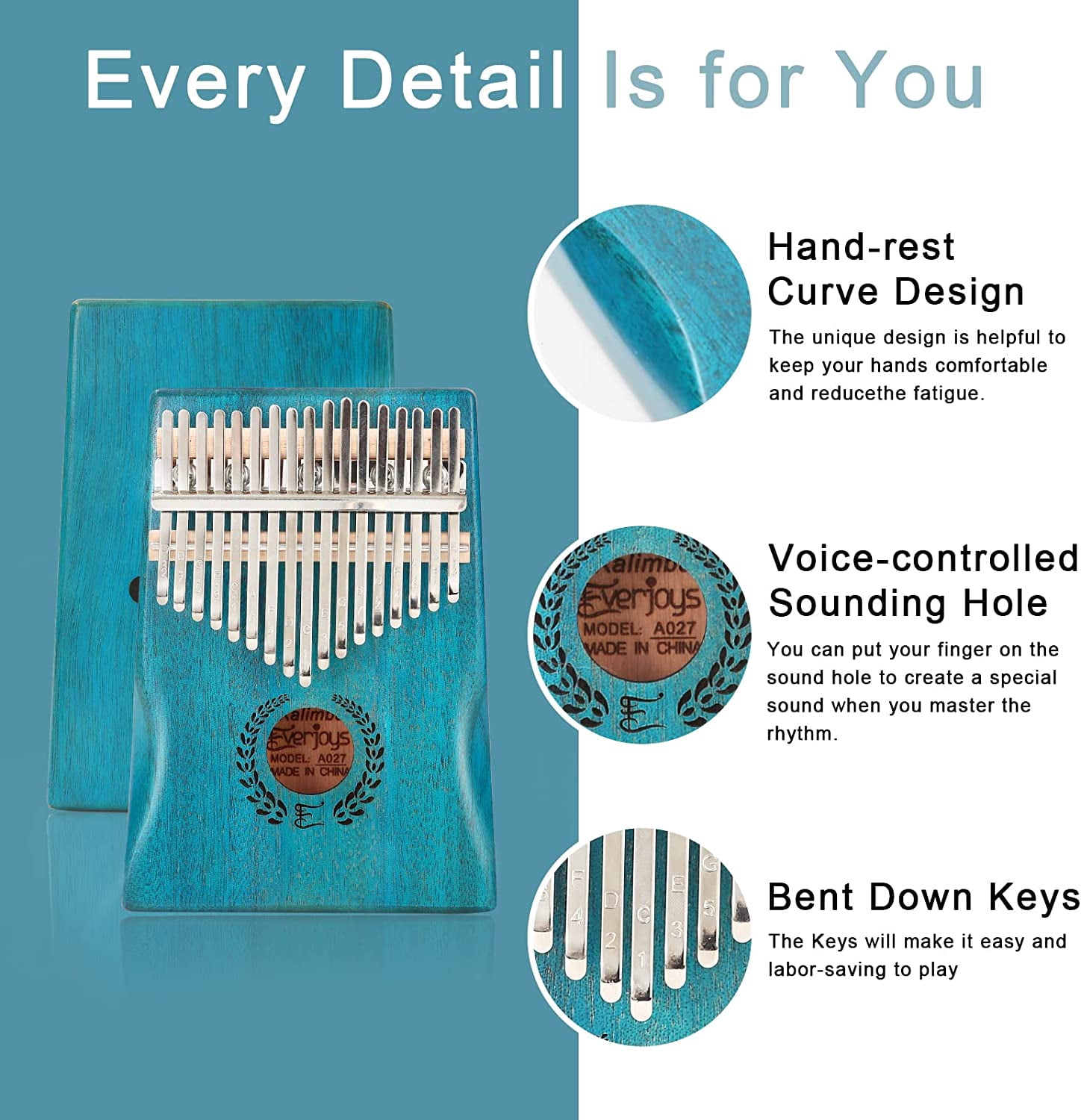 Everjoys Mahogany Kalimba 17 Keys Thumb Piano w/ Instruction Book, Tuning Hammer Portable Mbira Sanza Finger Piano, Gift for Kids Adult Beginners Professionals
