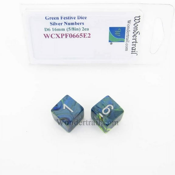 Green Festive Dice with Silver Numbers D6 Aprox 16mm (5/8in) Pack of 2 Wondertrail
