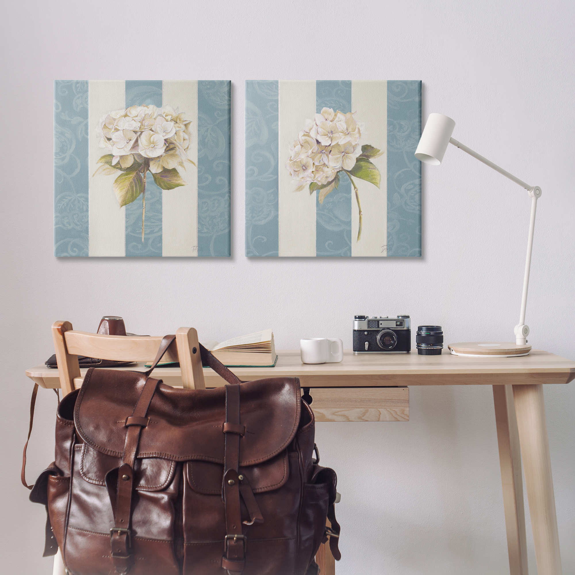 Stupell Industries Hydrangeas on Blue Strips Floral & Botanical Painting Wrapped Canvas Art Print Wall Art, 24 x 24, Set of 2