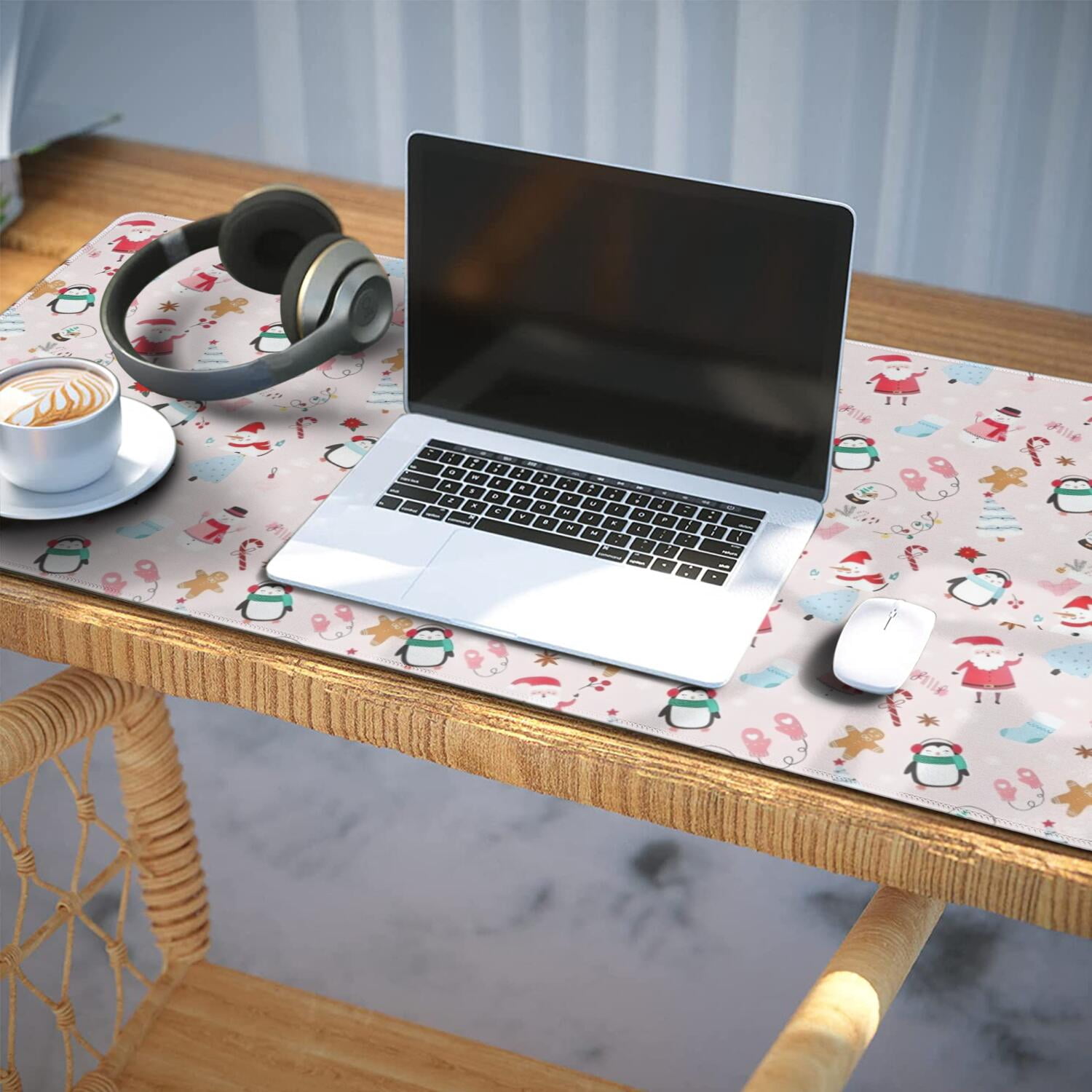 Long Mouse Pads for Desk,Pink Christmas Santa and Penguin Pattern Desk Mats on Top Of Desks, Desk Mouse Pad Extra Large with 3mm Non-Slip Base and Stitched Edge for Gaming,Office,Work,Home 35.4x15.7in