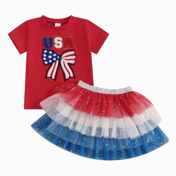 Leey-World Outfit Toddler Girl 4th Of July Toddler Baby Girl Clothes American Flag T-shirt Layered Ruffle Tulle Tutu Skirt Set Memorial Day Outfit(Red,4-5 Years)