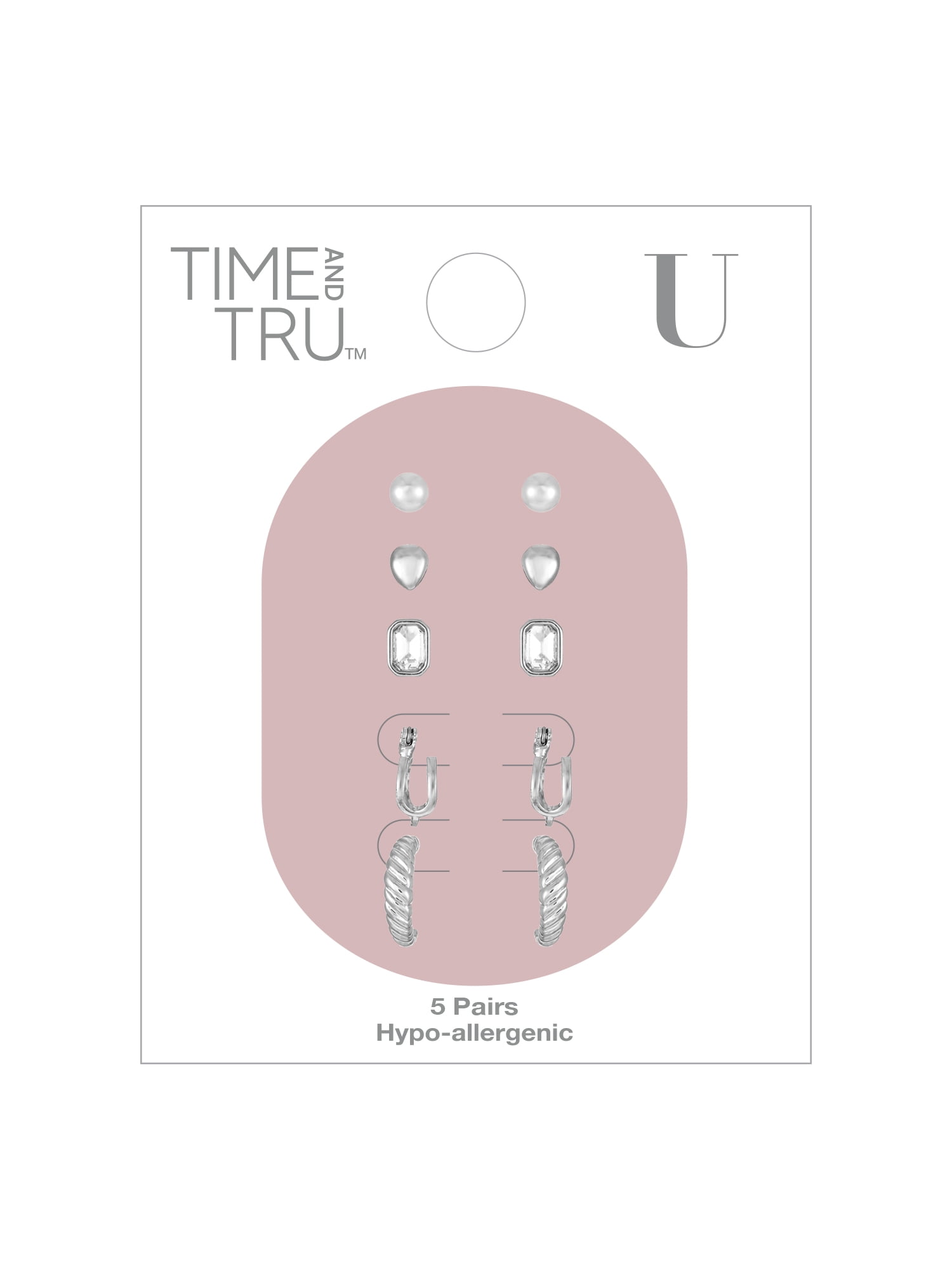 Time and Tru Silvertone Multi Earring Set, 5 Pairs, Initial U