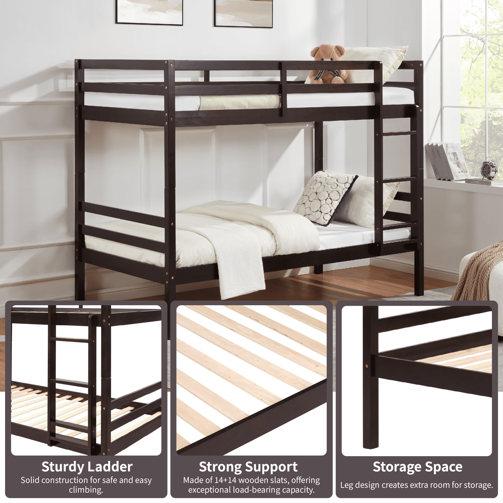 MAYEERTY Twin over Twin Bunk Bed with Ladder, Wooden Bed Frame with High Guardrail and Ladder for Kids, No Box Spring Needed, Espresso