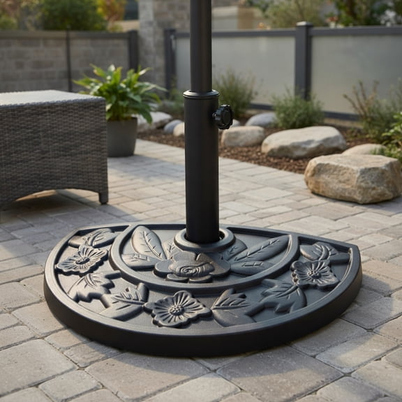 Kadyn 20 Inch Half‑Round Patio Umbrella Base, Weather‑Resistant Resin Weighted Outdoor Stand, Adjustable Socket Fits 1.25‑1.89 Inch Shade Poles, Space‑Saving Anchor Against Wall and Railing, Black