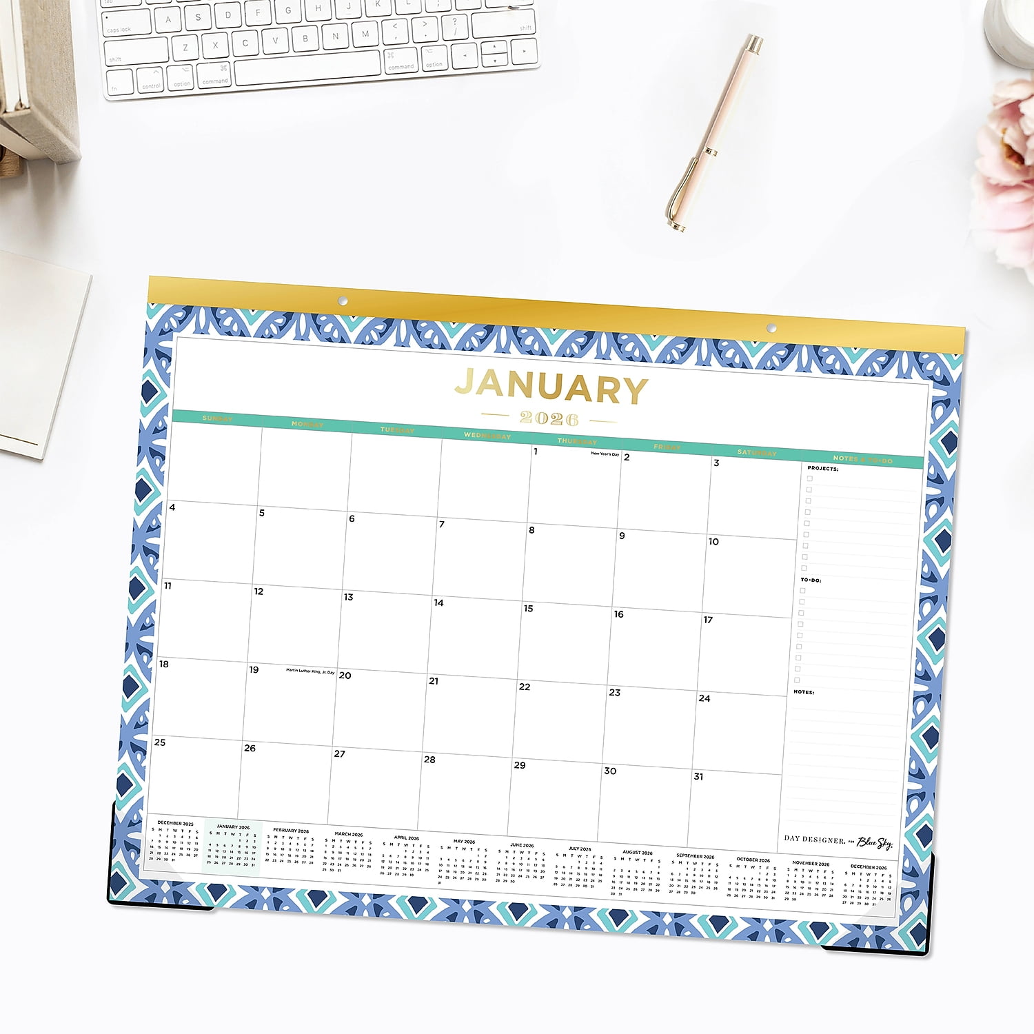 22 in. x 17 in. 12-Month (Jan to Dec): 2026 Tile Monthly Desk Pad Calendar - Geometric Artwork, White/Blue/Green Sheets