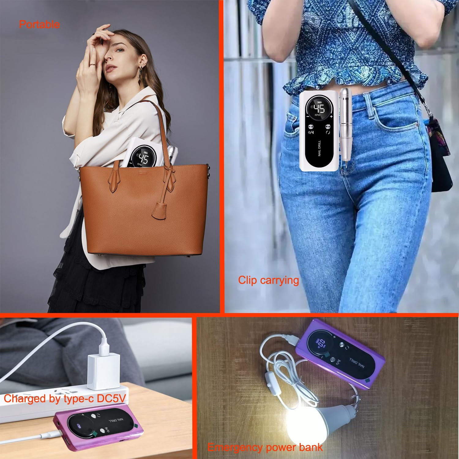 EOTVIA Portable Electric Nail Drill Manicure Pedicure Polishing Shape Tools for Nail Care Beauty Home Salon Use - 45000RPM, Pink