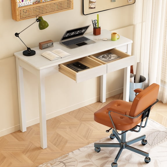 100% Solid Wood with Drawers 39x 16 Inch Small Desk Mid Century Modern Desk Vintage Small Writing Wooden Desks for Small Spaces Bedroom, Living Room, Office