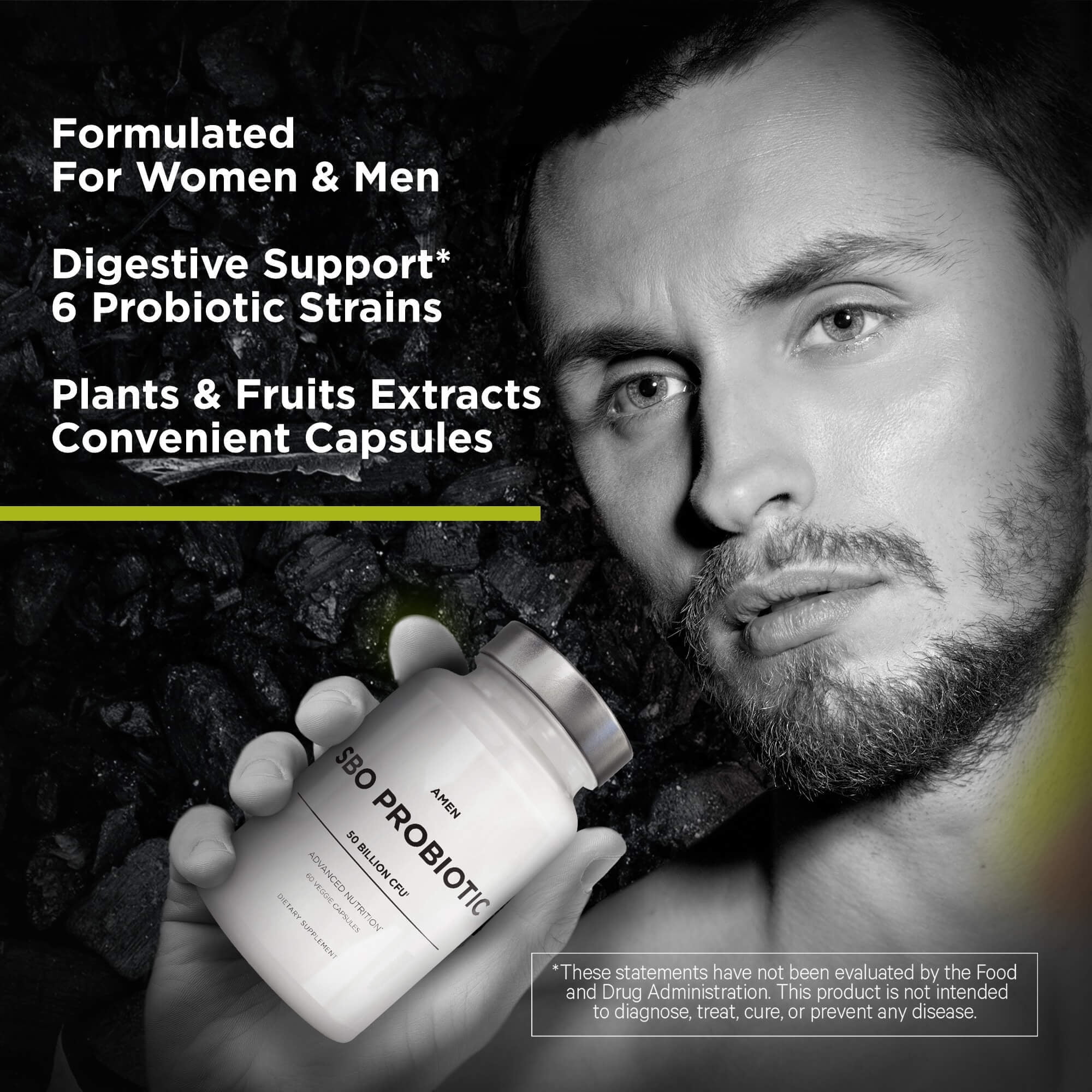 Amen SBO Probiotic, 50 Billion CFUs, Organic Prebiotics, Shelf Stable, Vegan & Non-GMO, 60 ct