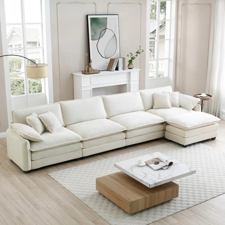 4-Seater Modular Corduroy Sectional Sofa with Matching Ottoman Beige