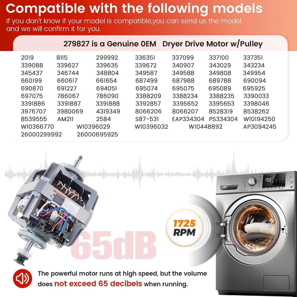 Osdhezcn Dryer Drive Motor 279827 Replacement Laundry Motor for W10194250 8528319 3388209