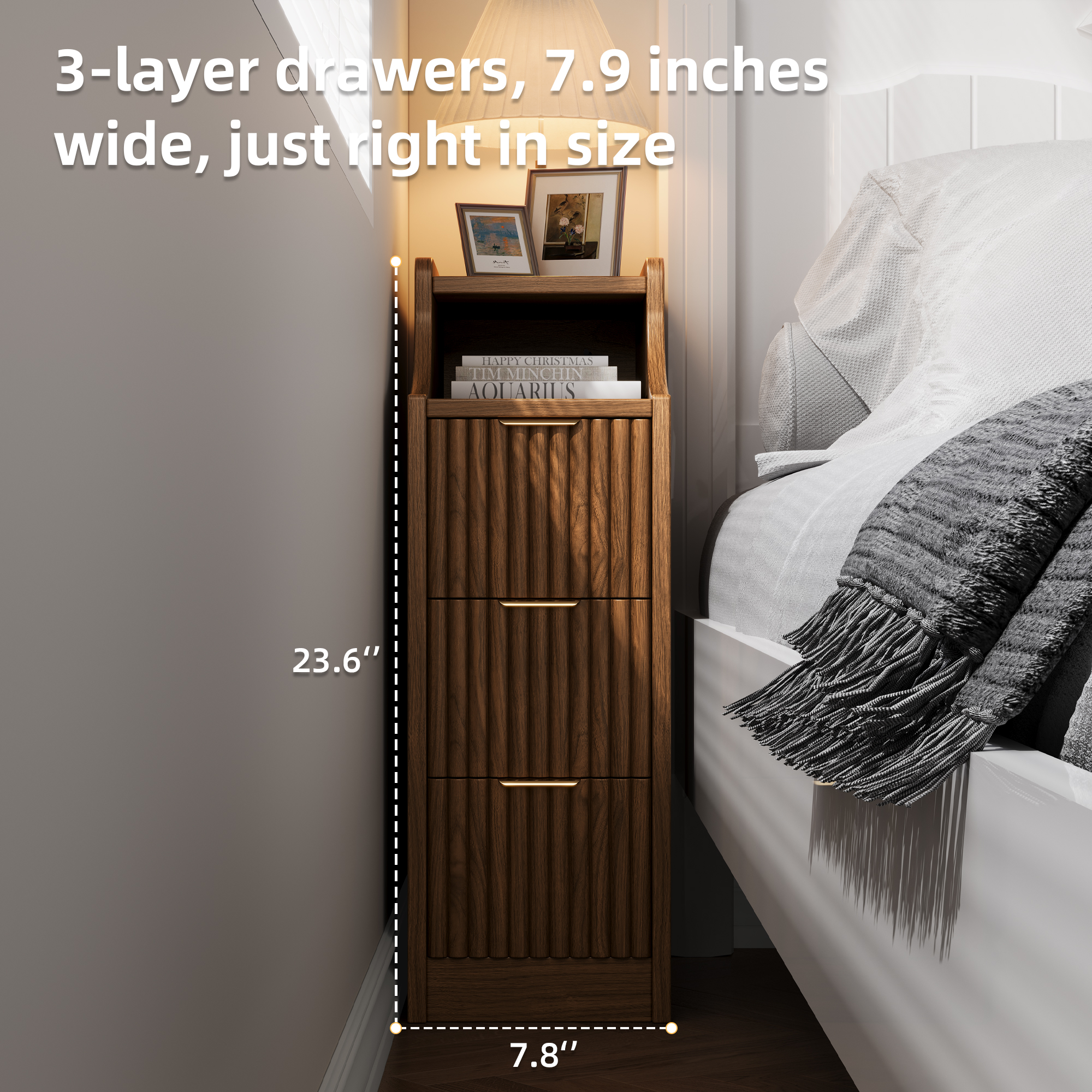UGTOO Walnut Nightstand Pair – Slim 3-Drawer Bedside Tables with Open Compartment, Gold Accents (15.7"W x 23.6"H)