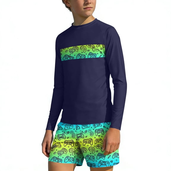 Nilvkv Boys Swim Set,Boys Bathing Suit,Long Sleeve Hawaiian Print Fast Dry Rash Guard Set Surfing Summer Beach Blue 13-14 Years
