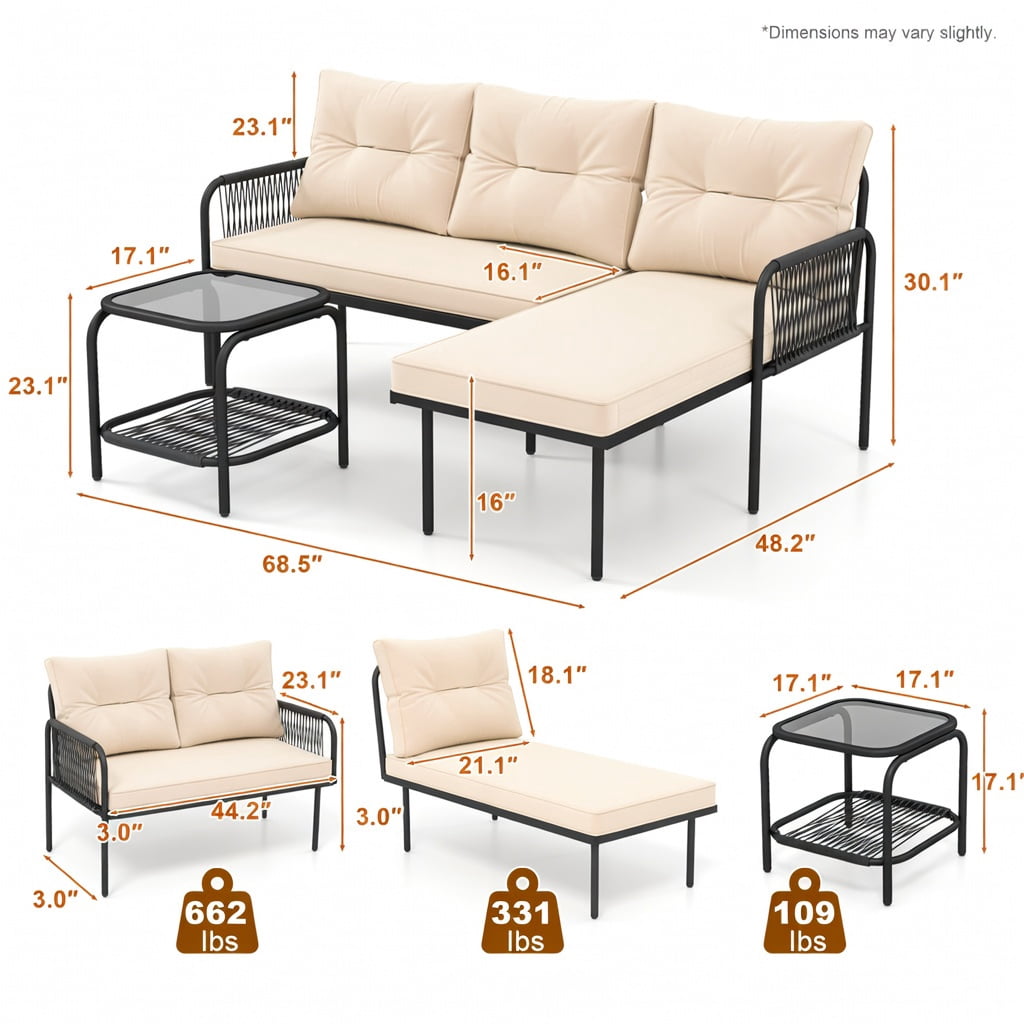 Hommoo 3-Piece L-Shaped Patio Furniture Set, PE Rattan Sectional Sofa with Beige Cushions, Tempered Glass Coffee Table, Outdoor Lounge Set for Deck, Balcony & Poolside, Beige