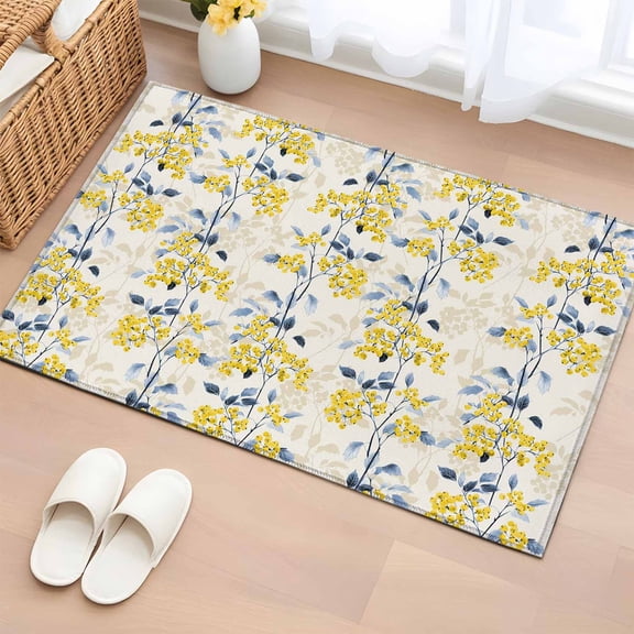 2x3 Ft Entryway Area Rug, Yellow Blue Spring Floral Kitchen Rug Runner Washable Floor Mat, Summer Botanical Farmhouse Non Slip Indoor Door Mat Throw Carpet for Bathroom Living Room Bedroom