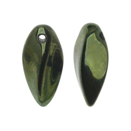 Jet Twist - Czech Glass Twist Beads, Side Drilled 12x6mm, 1 Strand, Jet Green with Red Luster