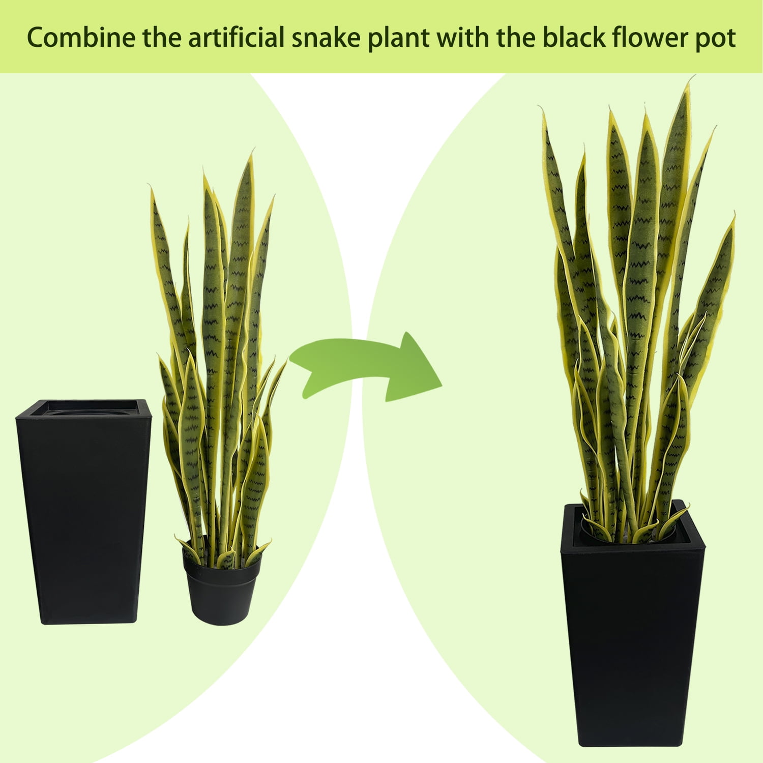 Artificial Snake Plant 4FT with Black Pot, Single Pack, 24 Adjustable Leaves, Suitable for Indoor & Outdoor, Garden, Backyard, Front Door Decor, Daily Home Decoration, Holiday Decoration, Yellow