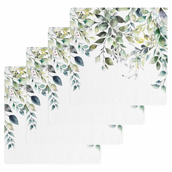 Eucalyptus Leaves Kitchen Dish Towels for Drying Dishes Set of 4, Watercolor Weeping Teal Botanical Waffle Weave Microfiber Hand Tea Bathroom Towels Quick Dry & Absorbent Towel 12x12
