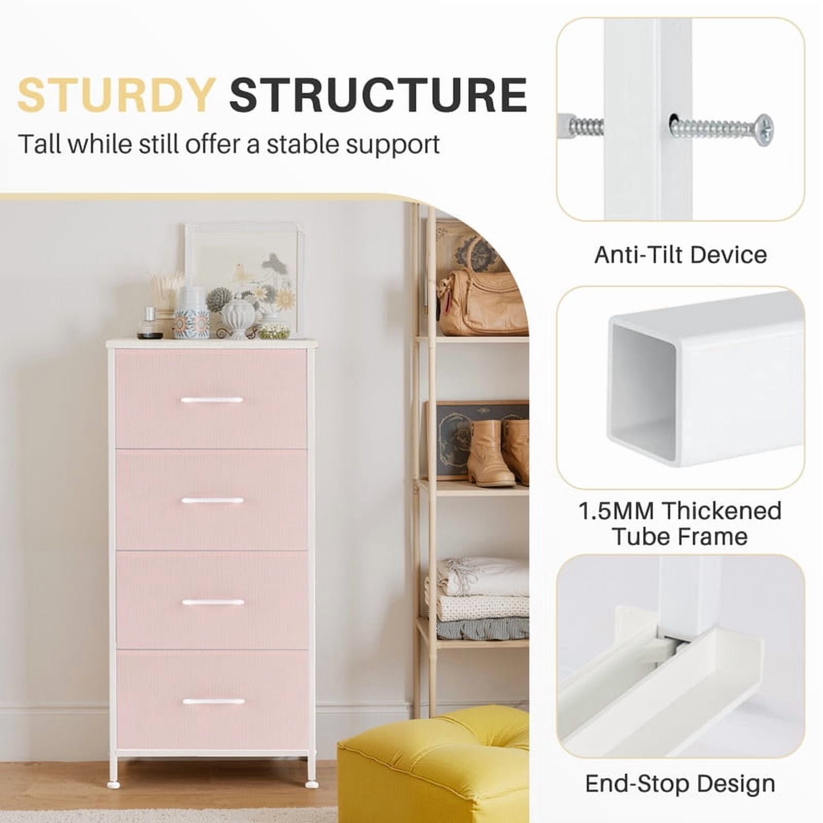 Simenmax 4 Dresser, Storage Drawers with Removable Fabric Bins, Fabric Closet Chests Organizer for Bedroom, Closet, Living Room, Pink