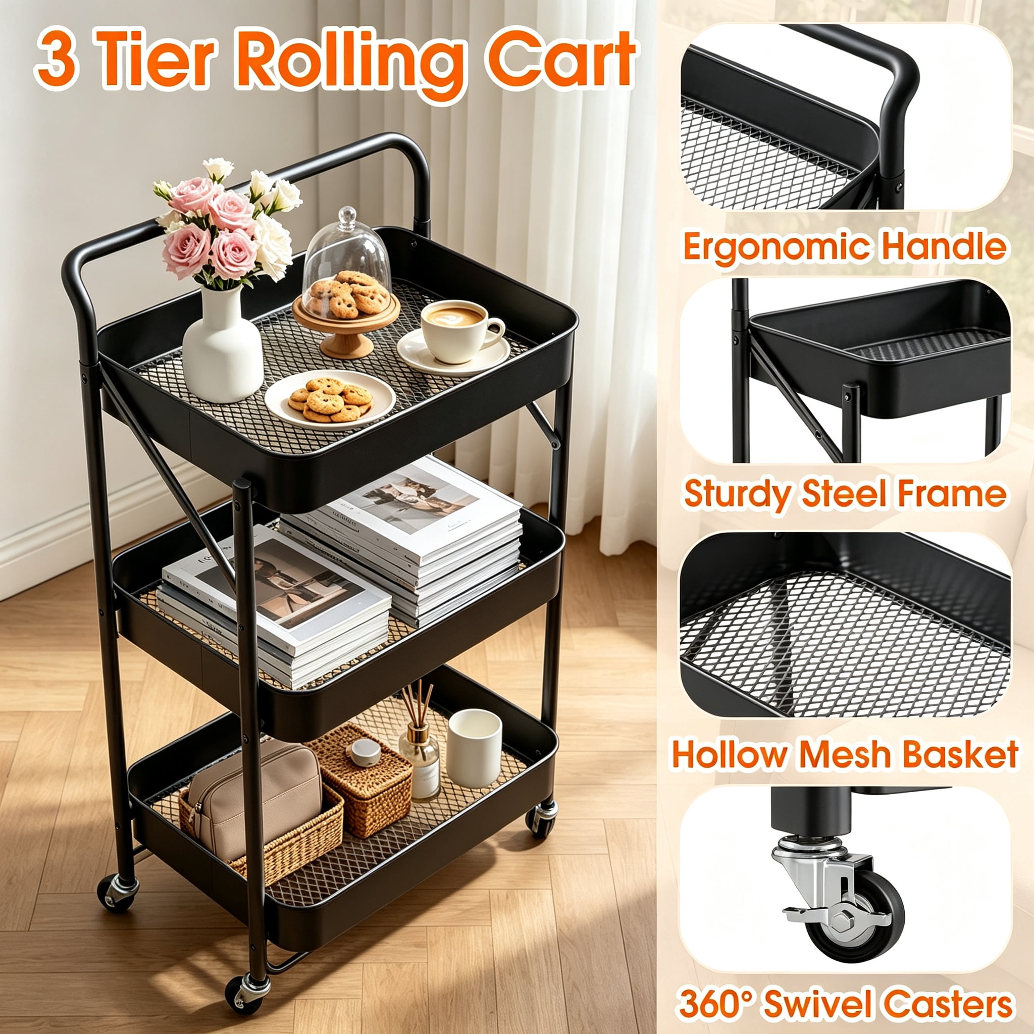 GARITIN 3 Tier Folding Rolling Cart, Folding Utility Cart with Lockable Wheels and Handle, Mobile Foldable Storage Cart Organizer for Kitchen, Bathroom, Office, Living Room, Black