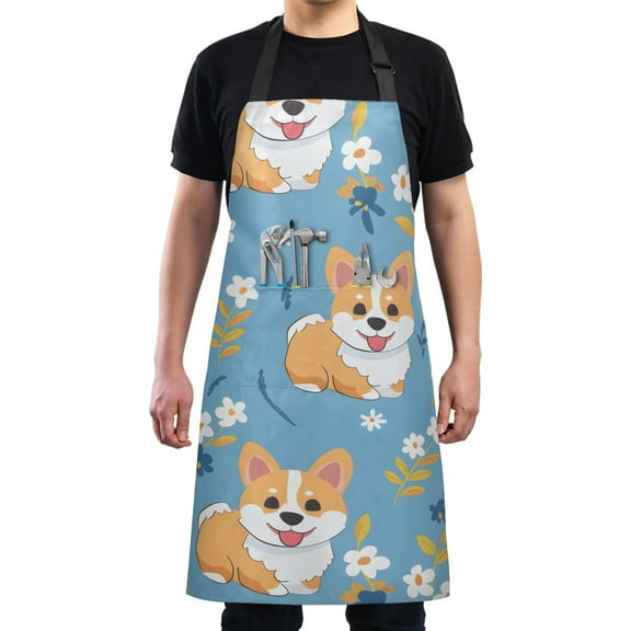 Cartoon Corgi Dog and Flower Kitchen Apron with 2 Pockets Adjustable waterproof Cooking Aprons for Women Men Chef