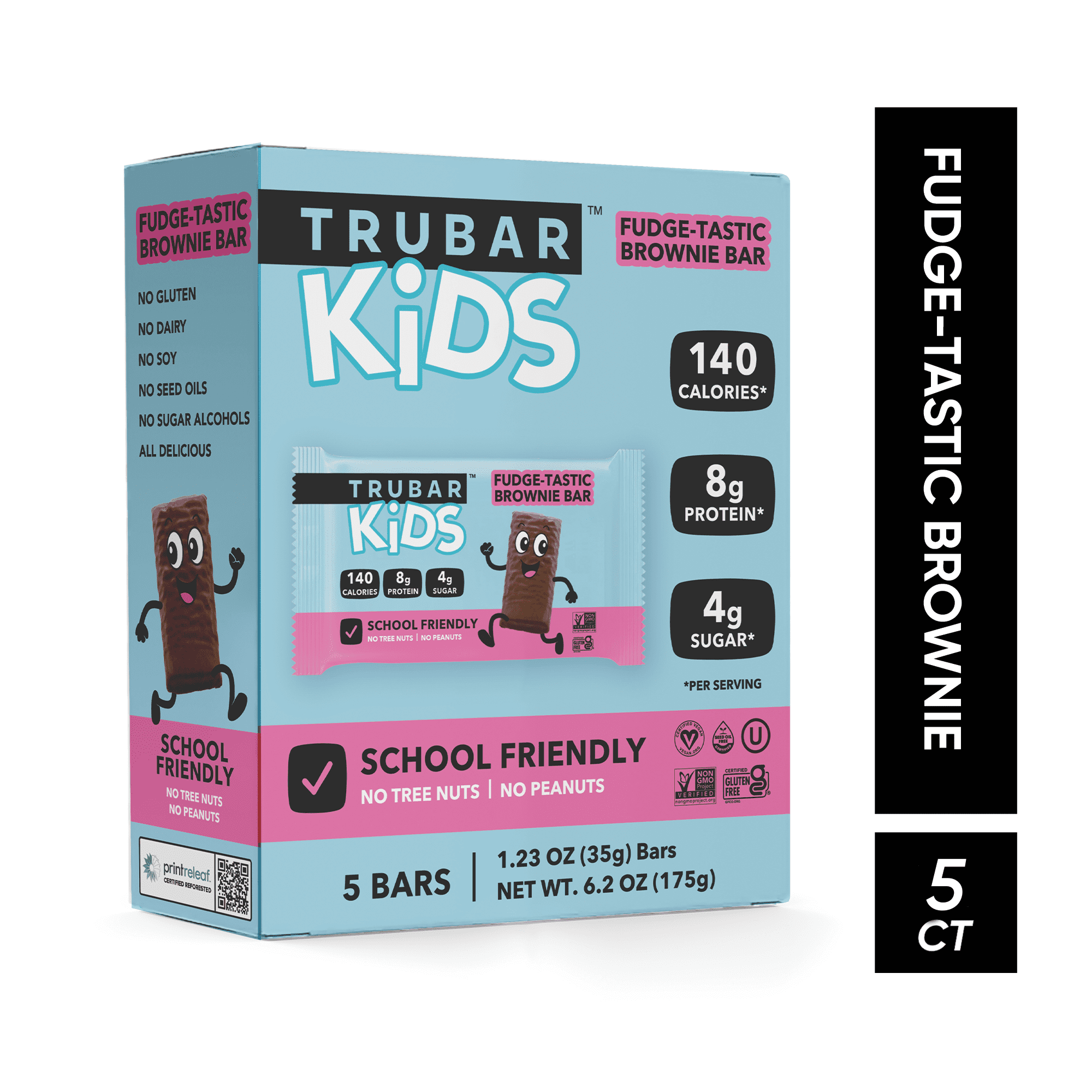 TRUBAR Kids Fudge-Tastic Brownie Bar, Plant-Based Protein Bar, Vegan, Gluten-Free, 5 Count
