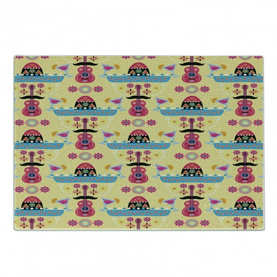 Cinco de Mayo Cutting Board, Colorful Funny Face Created with Mexican Culture Items, Decorative Tempered Glass Cutting and Serving Board, in 3 Sizes, by Ambesonne