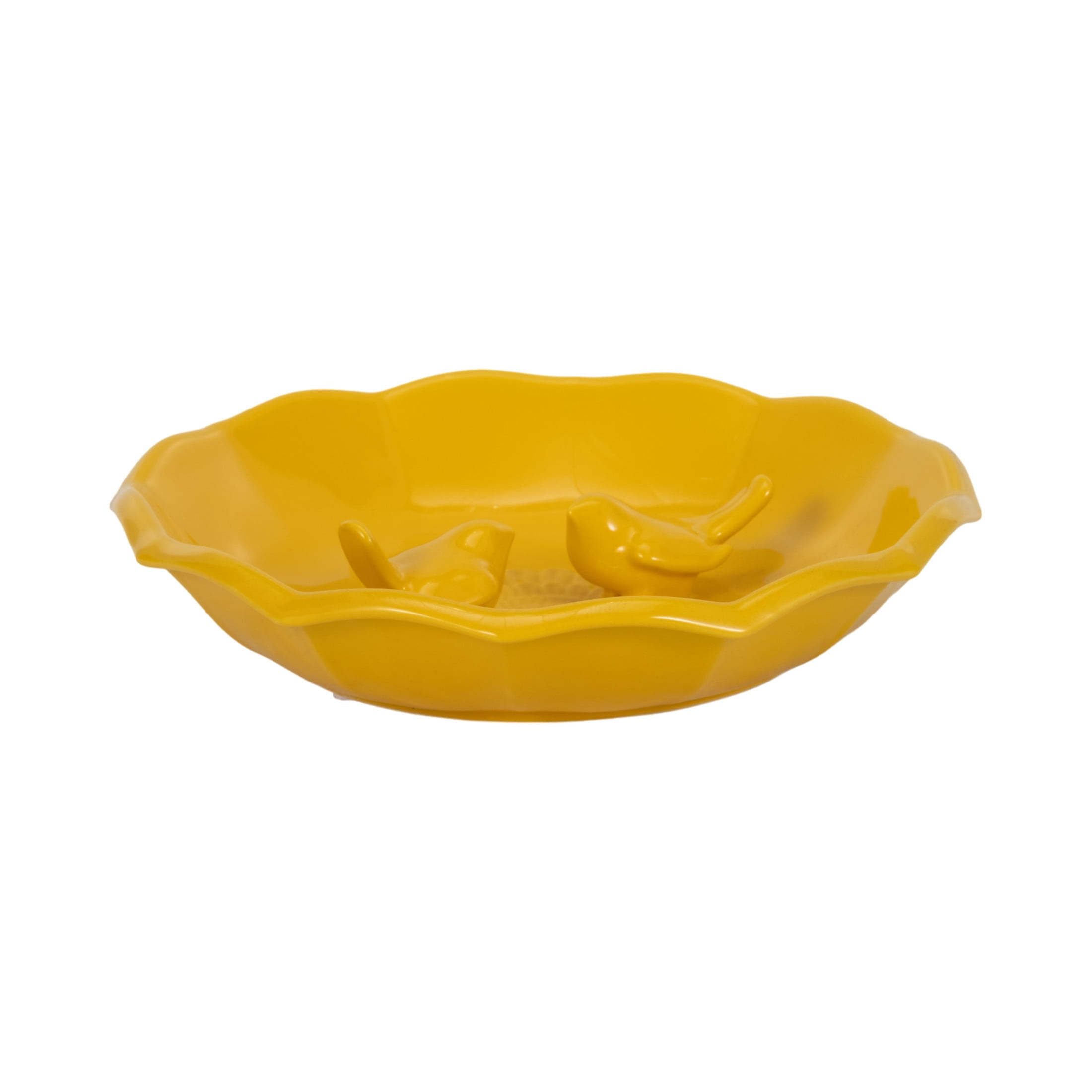 Ceramic Bird Feeder for Outdoors - Flower Bowl Bird Bath Style, Floor Bird Feeder for Garden and Yard Tabletop or Ground - Decorative Accent for Feeding Wild Birds in Outdoor Spaces - 2", Yellow