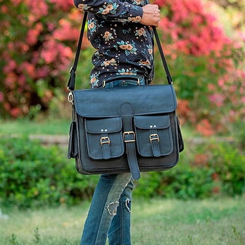 18" Genuine Handmade Leather Messenger Bag | Leather Briefcase | Unbreakable Shoulder Strap And Buckles | Laptop Bag for Men & Women (Black)