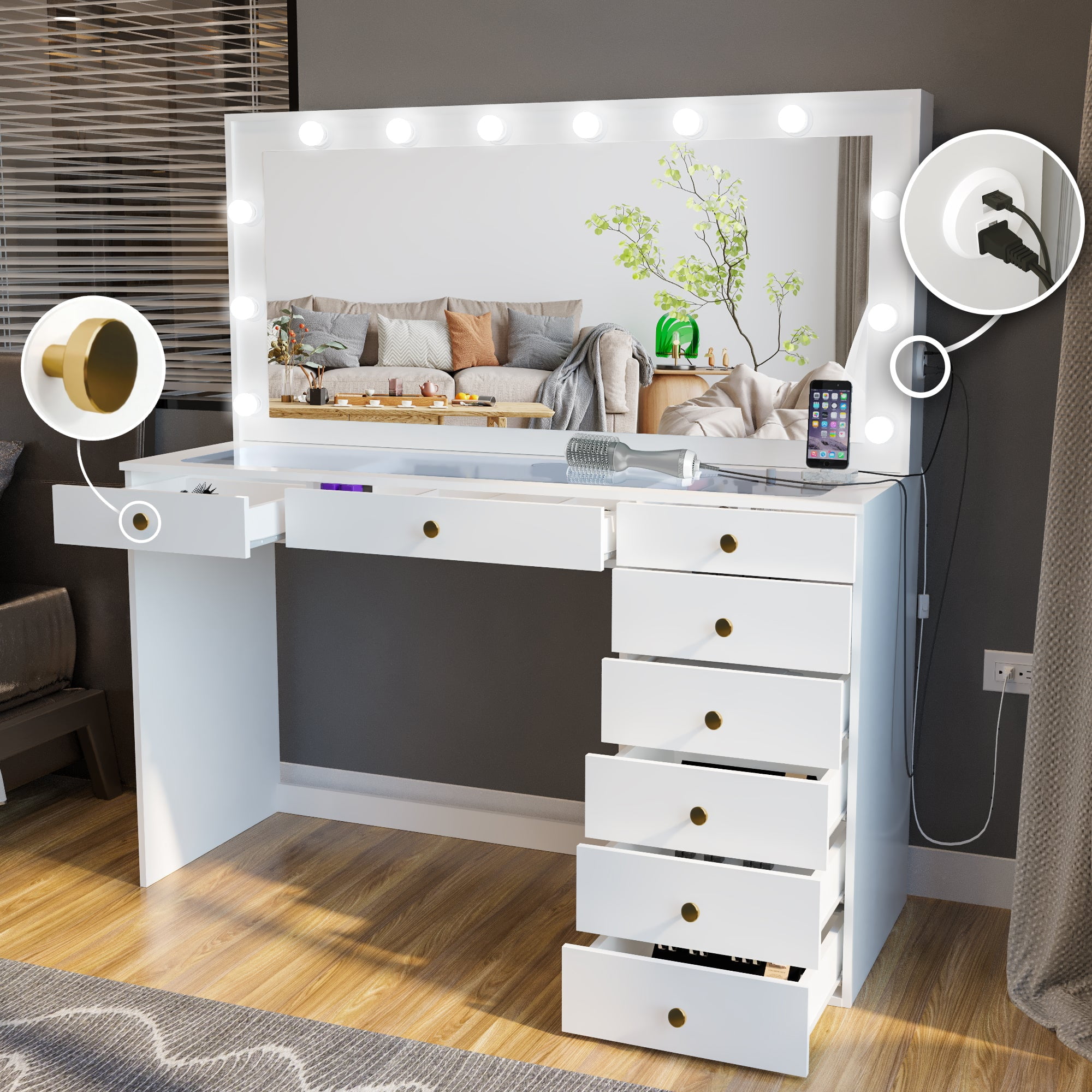 Ember Interiors Big Makeup Vanity Table with Mirror, Built-in Lights, 8 Drawers, Golden Knobs, White