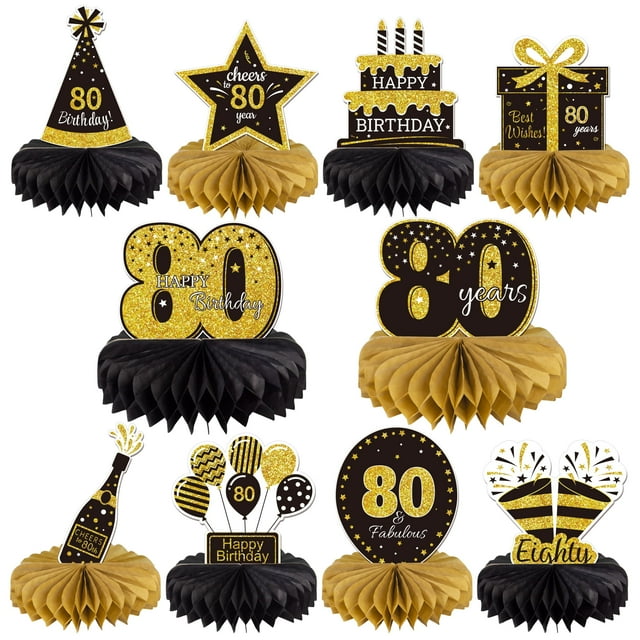 Gexolenu 10 Piezas Centros De Mesa De Panal De 80 Cumpleaños Oro Negro Saludos A 80 Años Centros De Mesa De Cumpleaños Adornos De Mesa Para Decoraciones De 80 Cumpleaños 80 Fabulosos Suministros De De