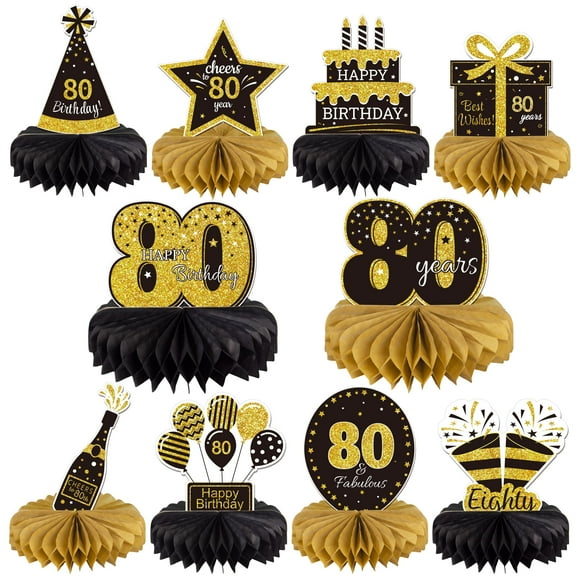 Gexolenu 10 Piezas Centros De Mesa De Panal De 80 Cumpleaños Oro Negro Saludos A 80 Años Centros De Mesa De Cumpleaños Adornos De Mesa Para Decoraciones De 80 Cumpleaños 80 Fabulosos Suministros De De
