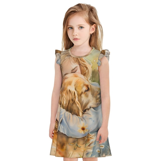 Fotbe Girl Hugging Dog Flowers Vestido de Dormir para Niñas de 3 a 10 Años, Mangas Cortas, Estilo Princesa, Pijama Camisón con Mangas Voladas-Large