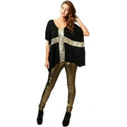 Fashion Latitude Gold Sequin Glitter Bling Cross Short Sleeve Batwing Relaxed Top Loose Shirt (Black, Small)