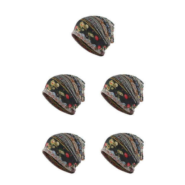 Maytalsory Bonnet Ethnique Style Hijab Imprimé Floral Coloré Turban Réglable Protection des Oreilles Accessoires de Style Bonnet Noir Floral 5Set
