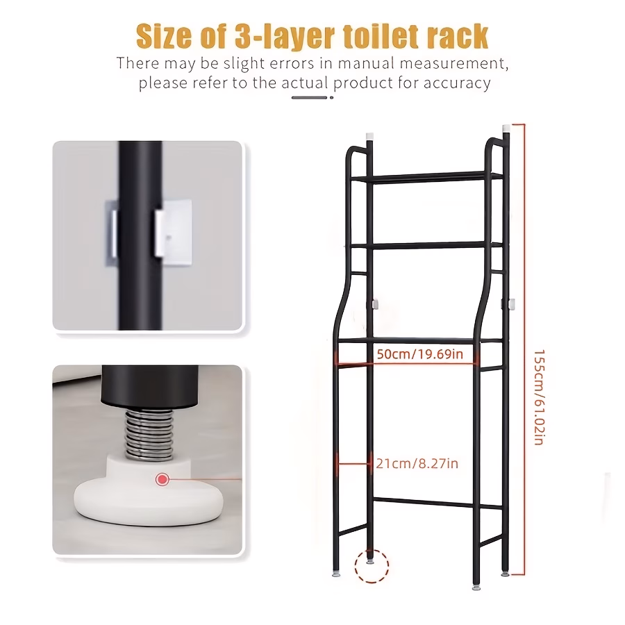 3-Tier Metal Over-the-Toilet Storage Rack, Space-Saving Bathroom Organizer with Frame, No Drilling Required, Minimalist Vertical Shelf for Small Spaces