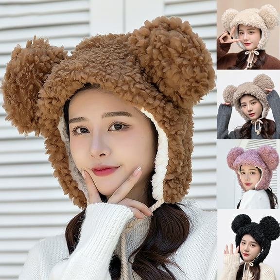 Herrnalise Women Cute Cartoon Thick Hat Protectors Warm Plush Hat Bandage Cap