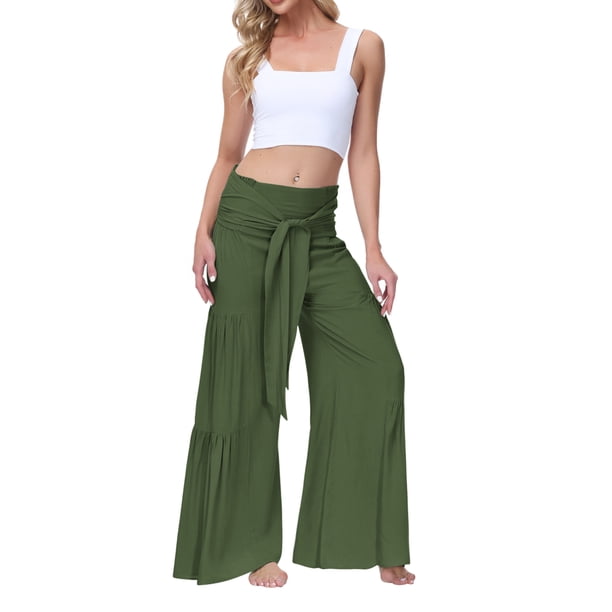 SAYOO Pantalones de Pierna Ancha para Mujer, Casual, Sueltos, de Color sólido, Cintura Fruncida, Vendaje, Cintura Elástica, Pantalones Femeninos SAYOO Moda