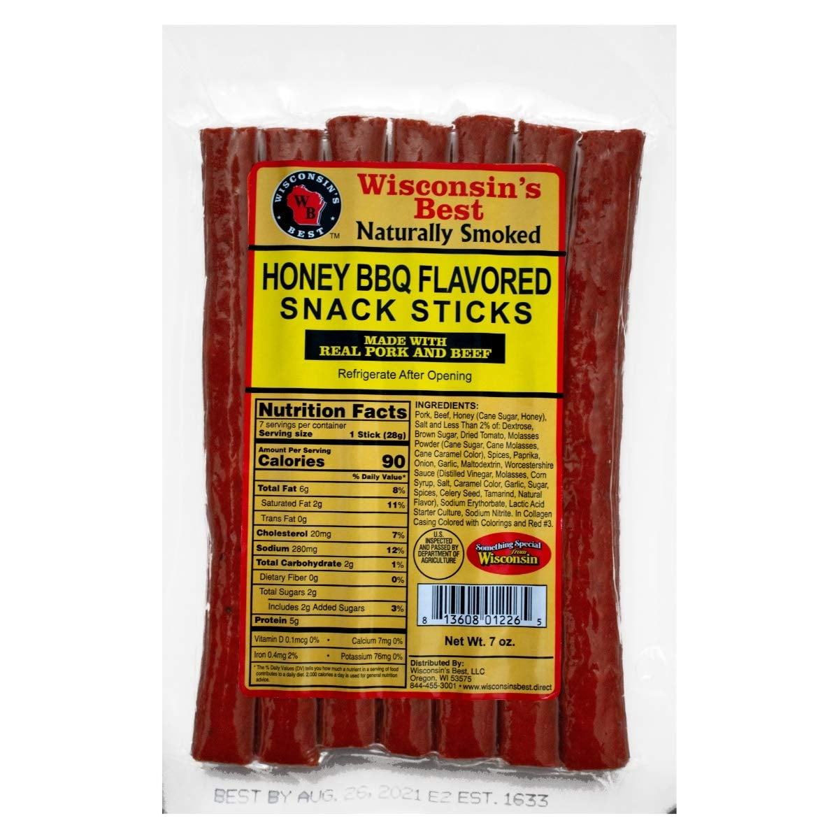 Wisconsin's Best Honey BBQ Snack Sticks, 7oz, 1 ct, Shelf Stable, Keto Friendly, High in Protein, Low Sugars, Low Carb Snacks