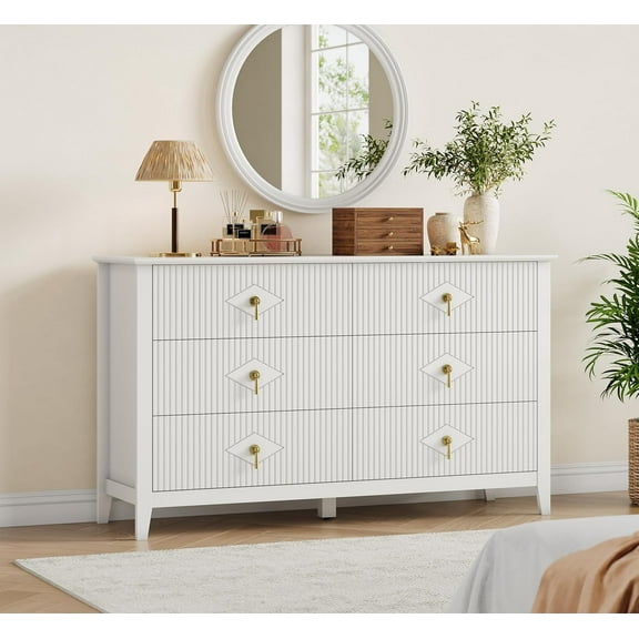 M optimized Dresser for Bedroom with 6 Drawers, 54" Extra Wide Modern Chest of Drawers with Metal Handle, Dresser TV Stand, Wood Drawer Organizer for Bedroom, Living Room, Hallway
