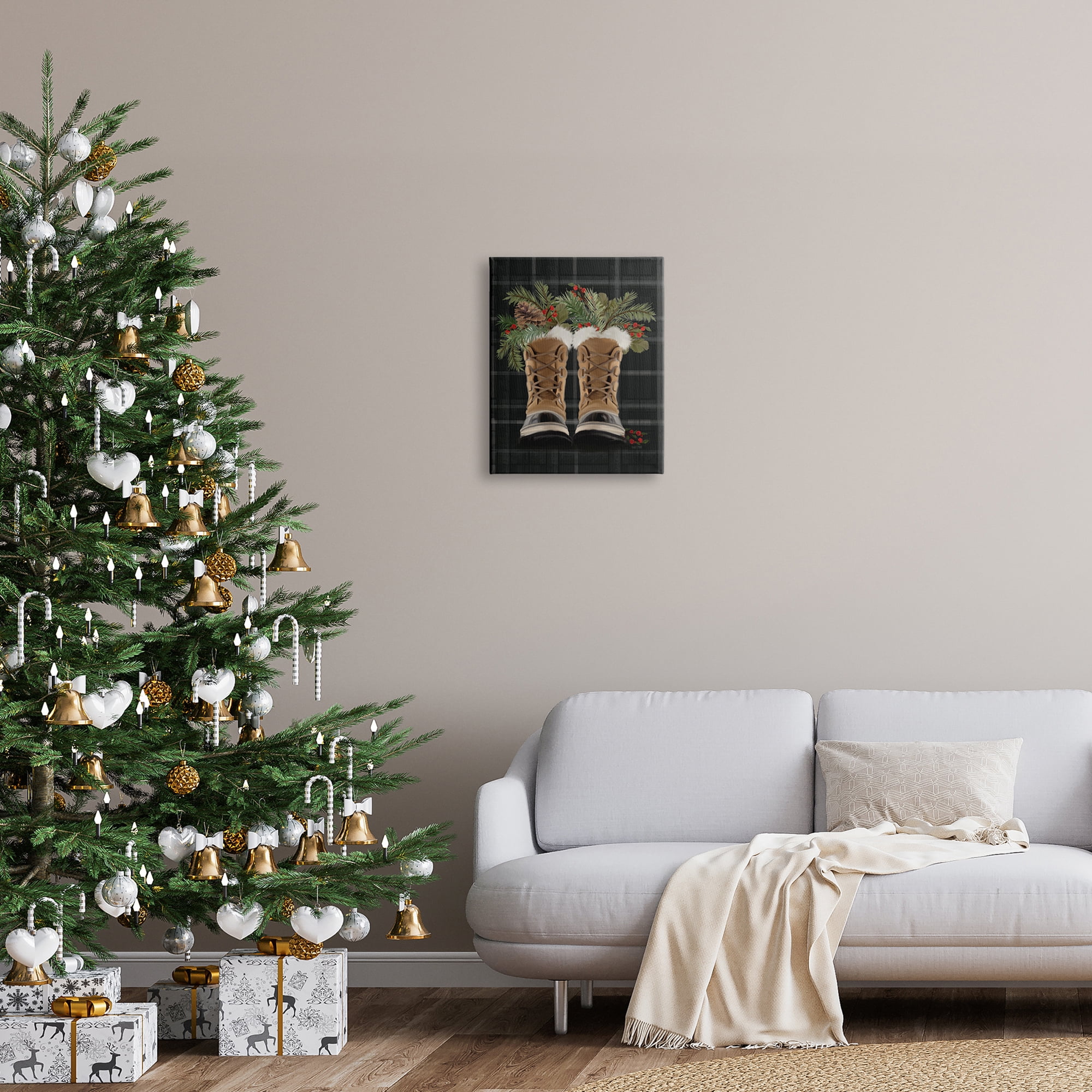 Cozy Winter Boots Holly Fir Sprig Arrangement Botanical & Floral Painting Gallery-Wrapped Canvas Print Wall Art