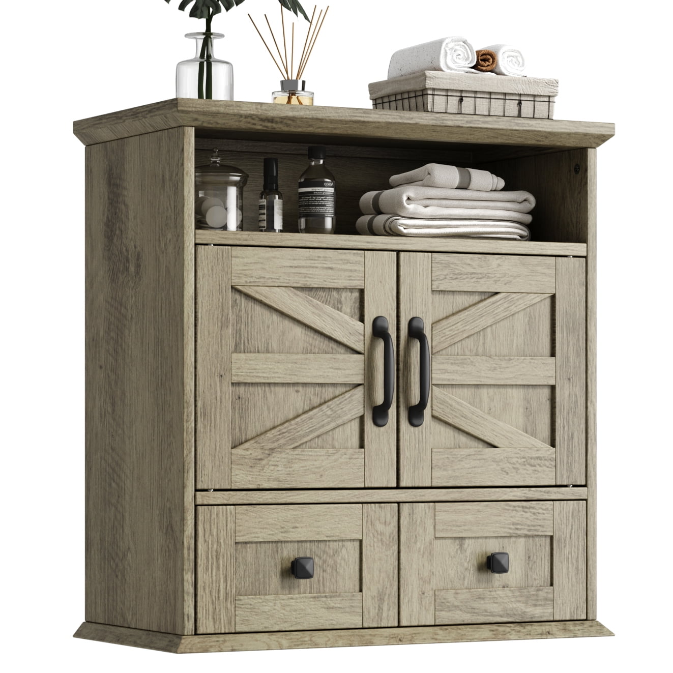 Farmhouse Wall Mounted Bathroom Cabinet with Barn Doors, Over Toilet Storage Cabinet with 2 Drawers and Adjustable Shelves, Rustic Bathroom Storage Organizer, Gray-brown
