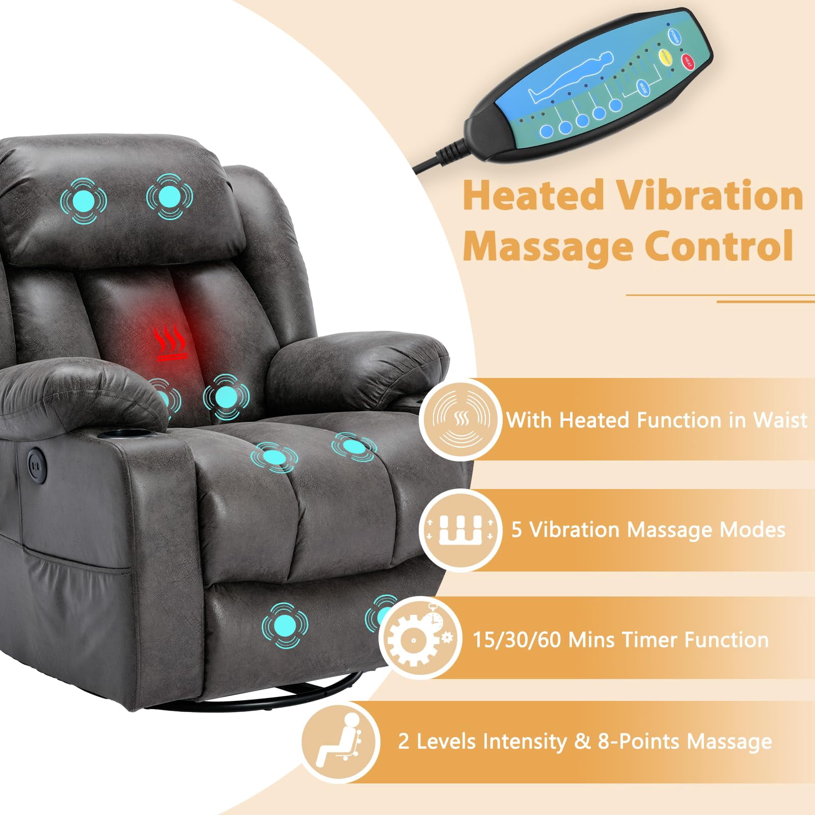 OUINCH Manual Swivel Glider Rocker Recliner Chair with Massage and Heat, USB Ports, Side Pockets and Cup Holders
