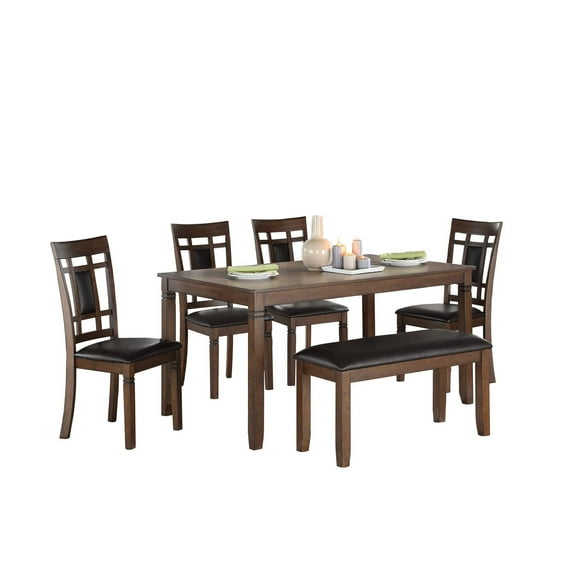 Topline Home Furnishings Ensemble de salle à manger en bois 6 pièces<br>Comprend: table, 4 chaises et un banc